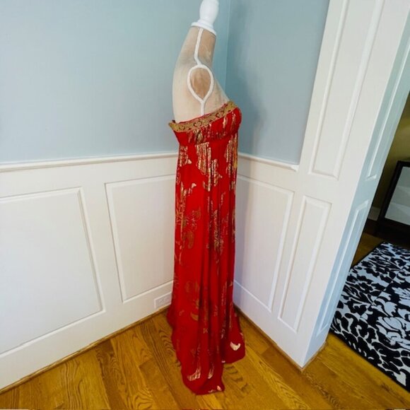 Aidan Mattox Beaded Silk Strapless Ball Gown Red & Gold Prom Party 4 - Picture 5 of 10